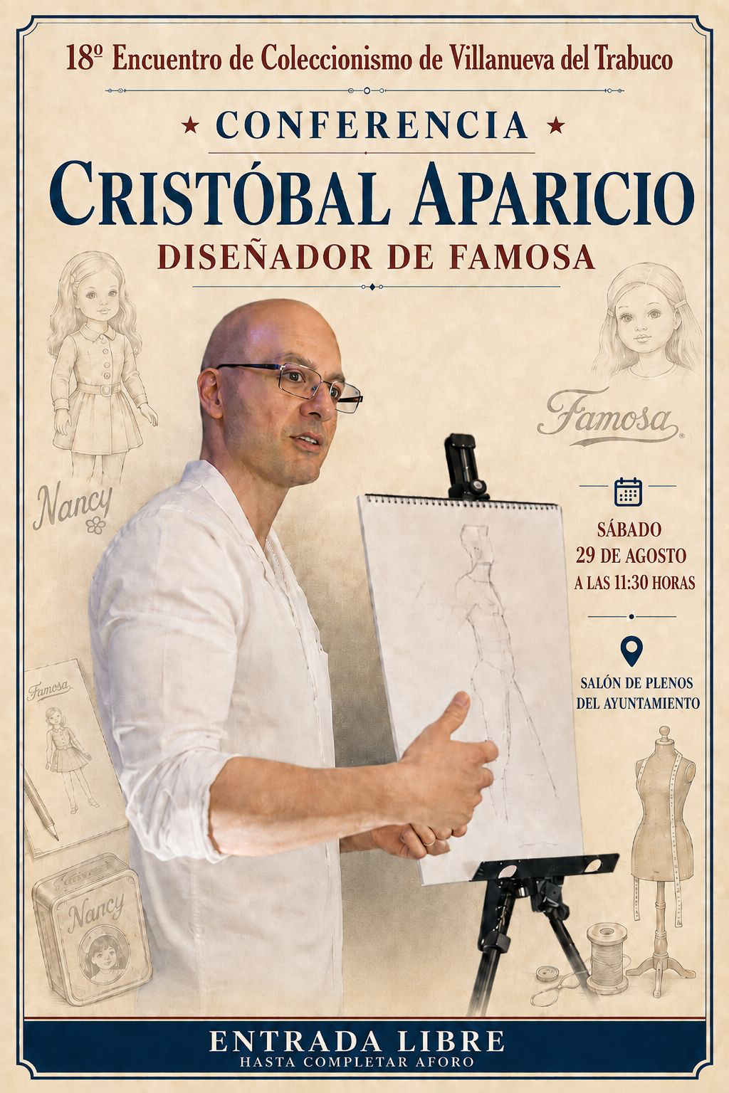 Cartel de la conferencia de Cristóbal Aparicio, diseñador de Famosa, en el 18º Encuentro de Coleccionismo de Villanueva del Trabuco